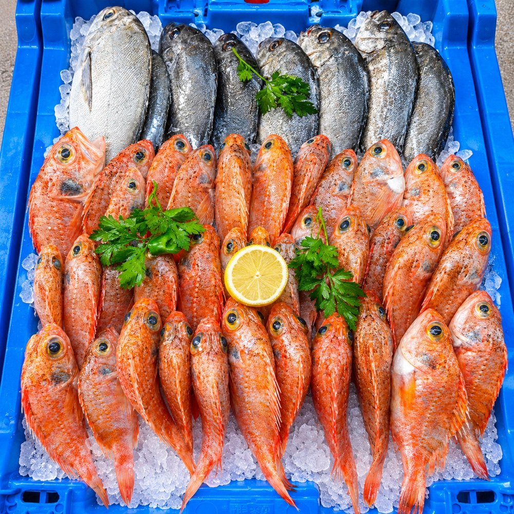 Bandeja de pescado y marisco fresco sobre hielo
